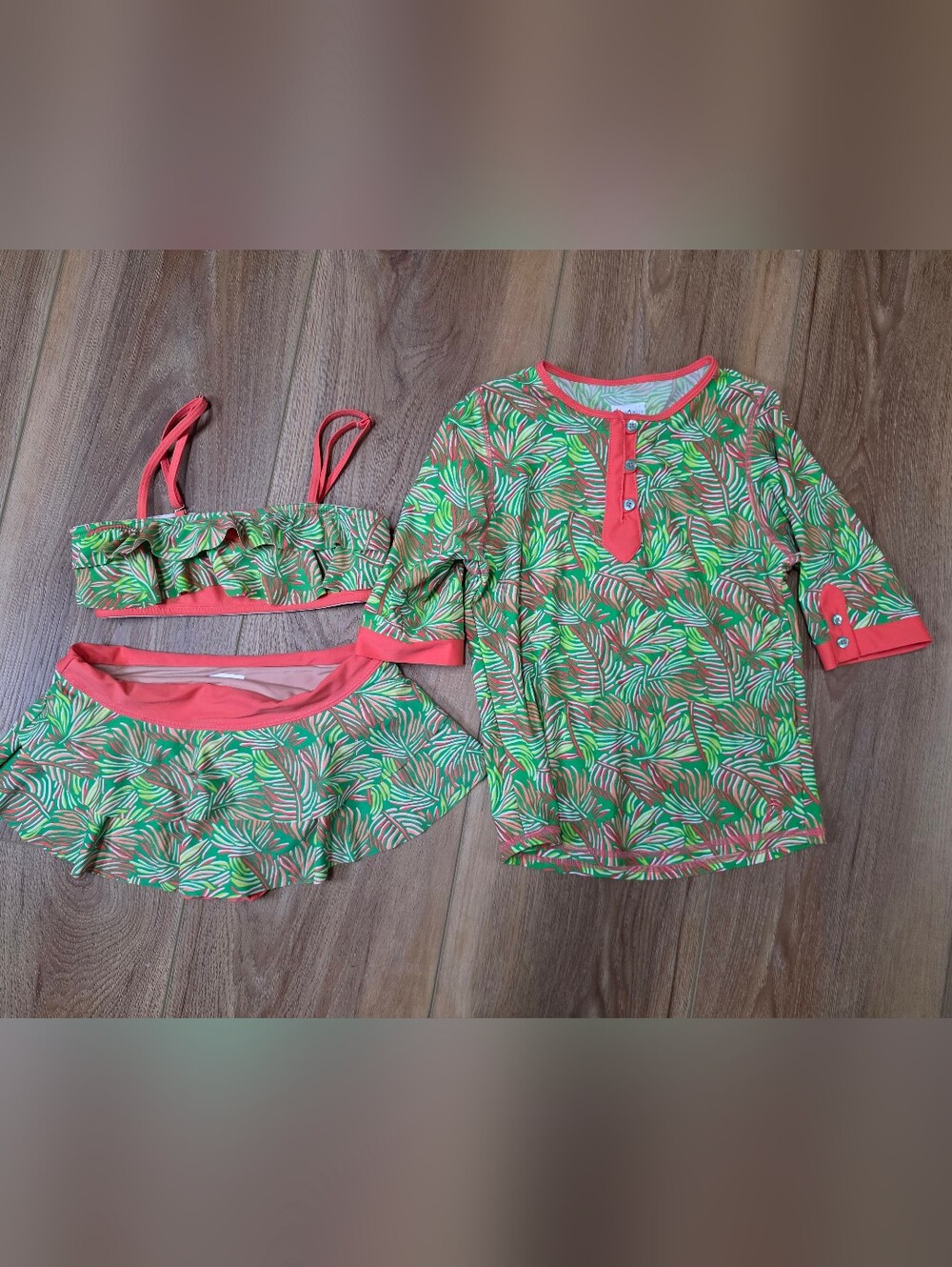 Cabana Life Coral Trim Green Pink Tropical Print Swim Top, Bottoms, Rashguard